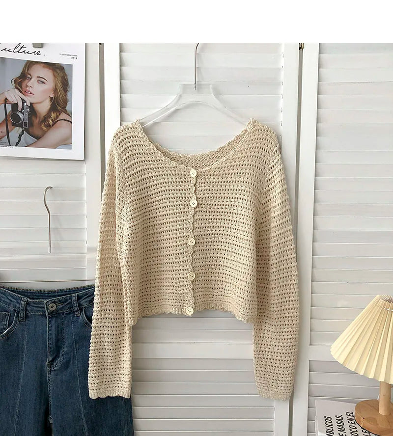 Lunivop Crochet Cardigan for Women Sheer Openwork Knit Long Sleeve Button Up Crop Top Teen-girl Shrug Cardigan Autumn Spring Y2K Outfit