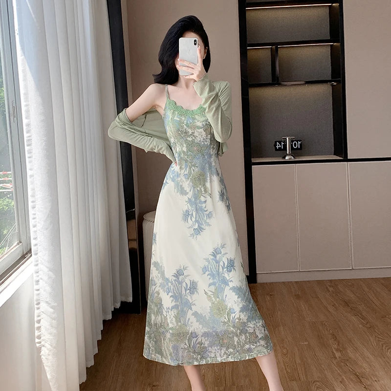 Lunivop Fashion Spring Summer Two Piece Set Women Cardigan Short Top + Retro Jacquard Spaghetti Straps Midi Dress Elegant Party Suits