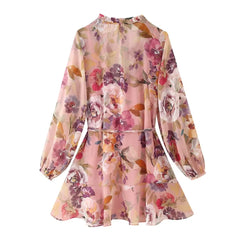 Lunivop  Ruffles V neck Floral Print Chiffon Full Sleeve Dress Woman Ball Tassel Lacing up Bow Waist Mini Summer Dresses Femme Robe