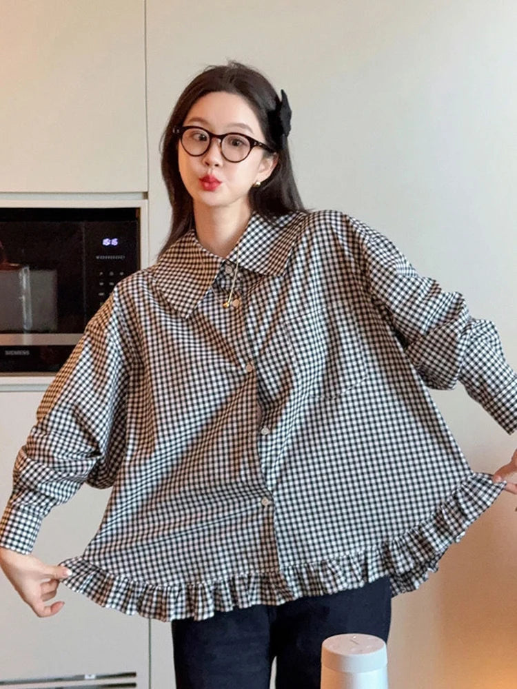 Lunivop Vintage Black Plaid Shirt Women Loose Sweet Preppy Style Long Sleeve Blouse Fall Casual Retro Cute All Match Female Tops New