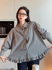 Lunivop Vintage Black Plaid Shirt Women Loose Sweet Preppy Style Long Sleeve Blouse Fall Casual Retro Cute All Match Female Tops New