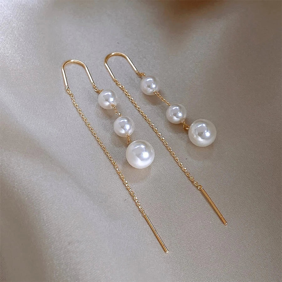 Lunivop New Trendy Simple Pearl Long Chain Tassel Earrings for Women Glossy Copper Studs Elegant Niche Design Party Jewelry Gifts