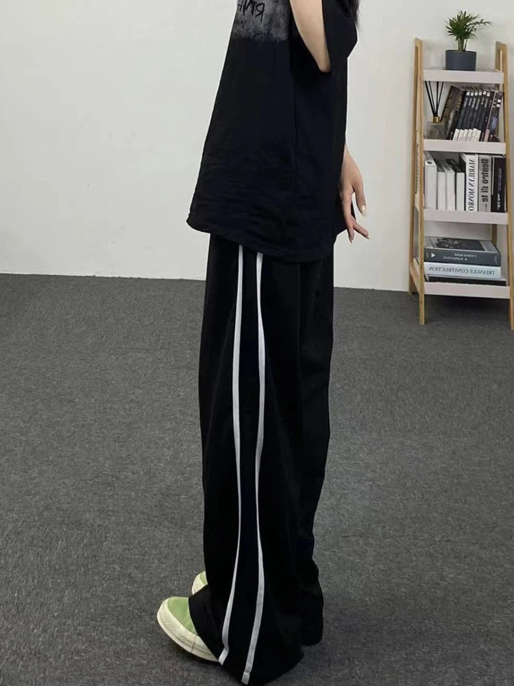 Lunivop  Streetwear Loose Striped Black Trousers Women High Waist Casual Sweatpants Korean Preppy Style Student Chic Wide Leg Pants
