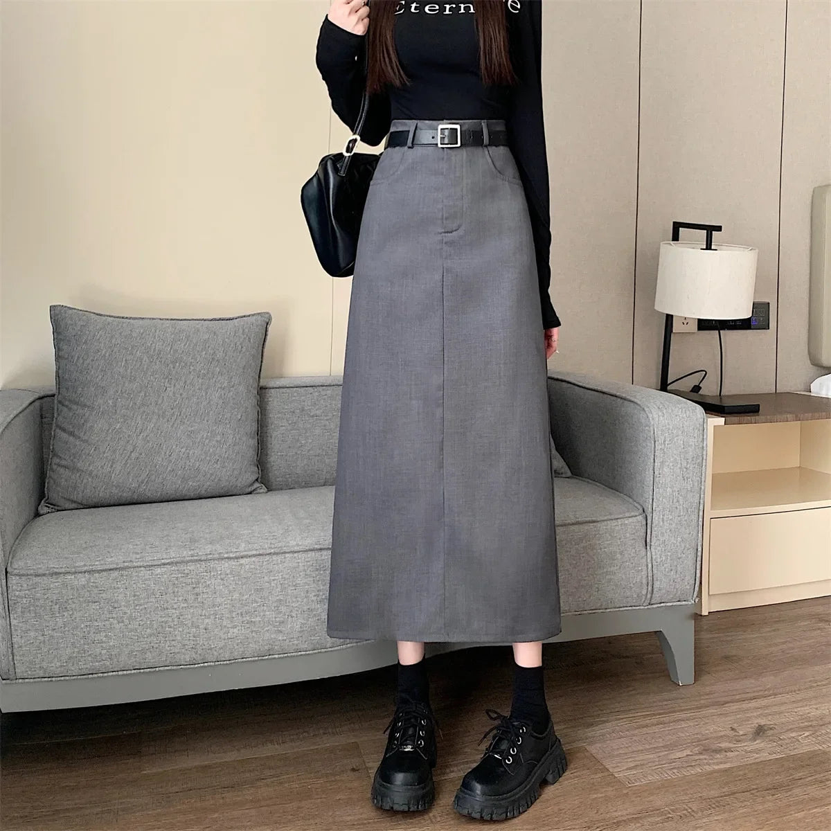 Lunivop High-waisted Slimming Skirt Greysuit Women's Lightweight Casual A- line Medium-length Dress
