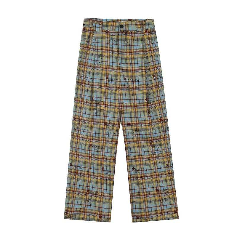 Lunivop American Style Dopaamine Checkered Wide Leg Pants Women Summer Vintage Loose Casual Drapey Long Trousers Fashionable Loose Fit