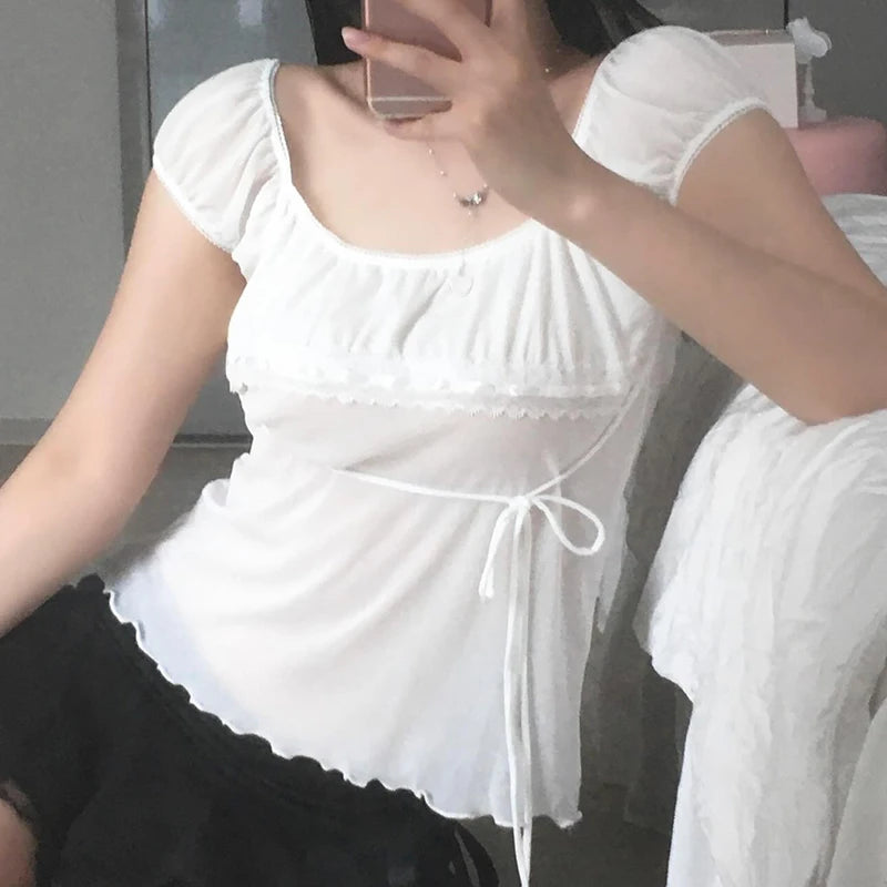 Lunivop  White Mesh Transparent Crop Top y2k Aesthetic Folds Stitching Short Sleeve T Shirts Korean Style Cute Tees Sexy Clubwear