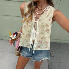 Lunivop  New Fashion Popular Euramerican Elegant Flower Print Sleeve Shirts Y2k High Street All Match Hollow Out Thin Lace Up Clothes