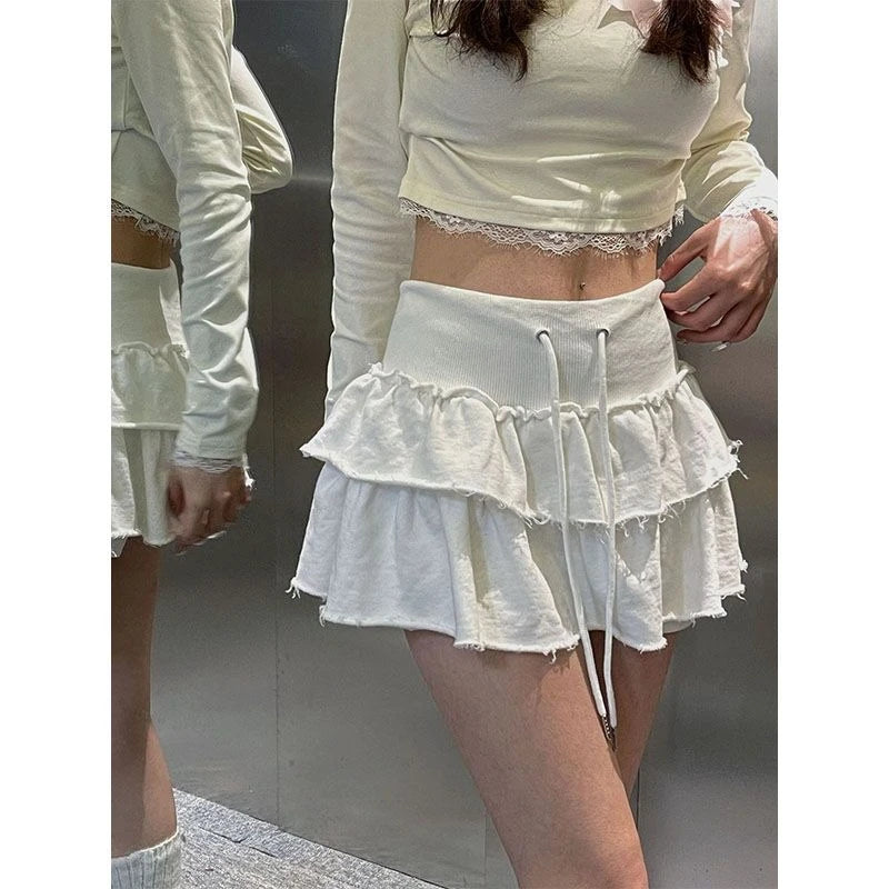 Lunivop Sweet Kawaii Ruffle Mini Skirt Korean Style Cake Lace Up Layered Skirts Elegant Sexy Casual Patchwork Solid Short Skirt