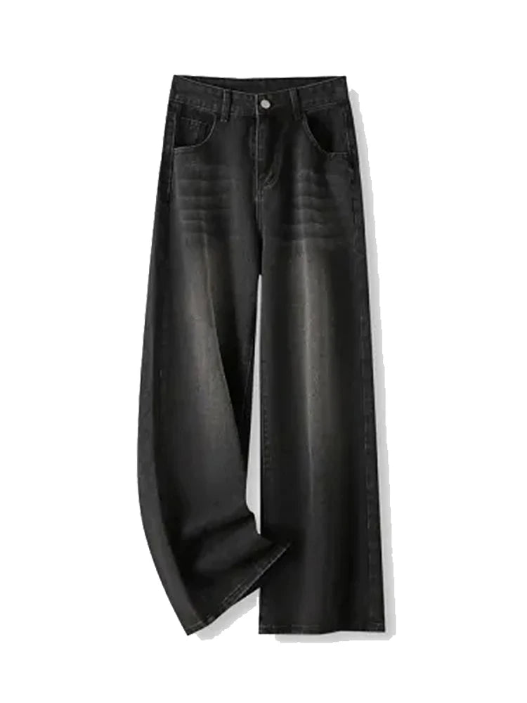 Lunivop Korean Vintage High Waist Women's Jeans Y2K Slimming Pear-Shaped Loose Straight Bell Bottoms Black Gray Baggy Denim Trousers
