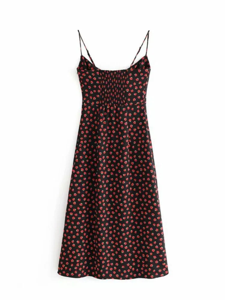 Lunivop  Sexy Women Bow Lacing up Slash Collar Back Elastic Ruched Long Robe Retro French style Summer Rose Flower Print Midi Sling Dress