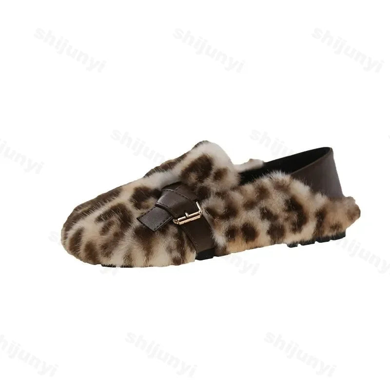 Lunivop Fashion Leopard Fur Ballet Flats Woman Curly Cotton Buckle Strap Mary Jane Shoes Ladies Winter Warm Plush Shallow Loafers