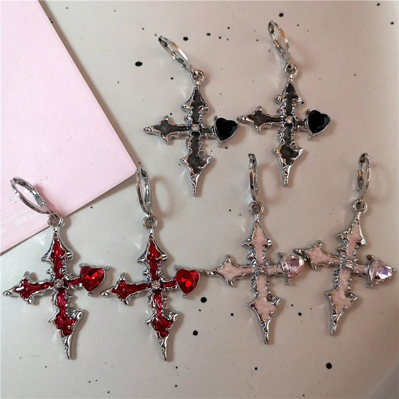 Lunivop Fashion Gothic Red Cross Drop Earrings Women Men Halloween Jewellery Street Punk Hip Hop Grunge 2000s EMO Jewelry Accessories