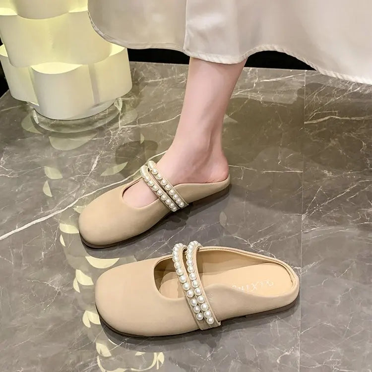 Lunivop Fashion Bowknot Pearl Flat Bottom Baotou Half Slippers Women New Summer Shallow Mouth Mary Jane Single Shoes Casual Slides