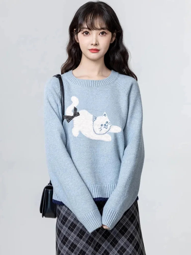 Lunivop Cartoon Cat Print Kawaii Sweaters Women Sweet Bow Long Sleeve Cute Knitted Jumper Vintage Japan O Neck Casual Loose Pullovers