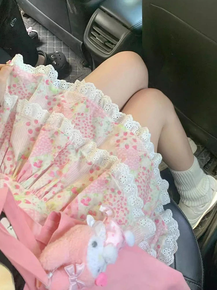 Lunivop Retro Floral Cute Skirts Women High Waist Sweet Japan Mini Skirt Casual Lace Patchwork Vintage Female Elegant Kawaii Skirt