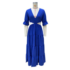 Lunivop  Flare Sleeve Women Summer Dresses Deep V Neck Maxi Sundresses Solid Color Casual Hole Waist High Waist A-Line Dress