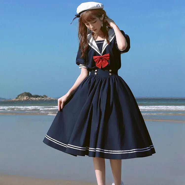 Lunivop  Japanese Sailor Suit Summer Womens Dresses Preppy Style Lolita JK Midi Dresses Casual Sailor Collar Elegant Party Dress