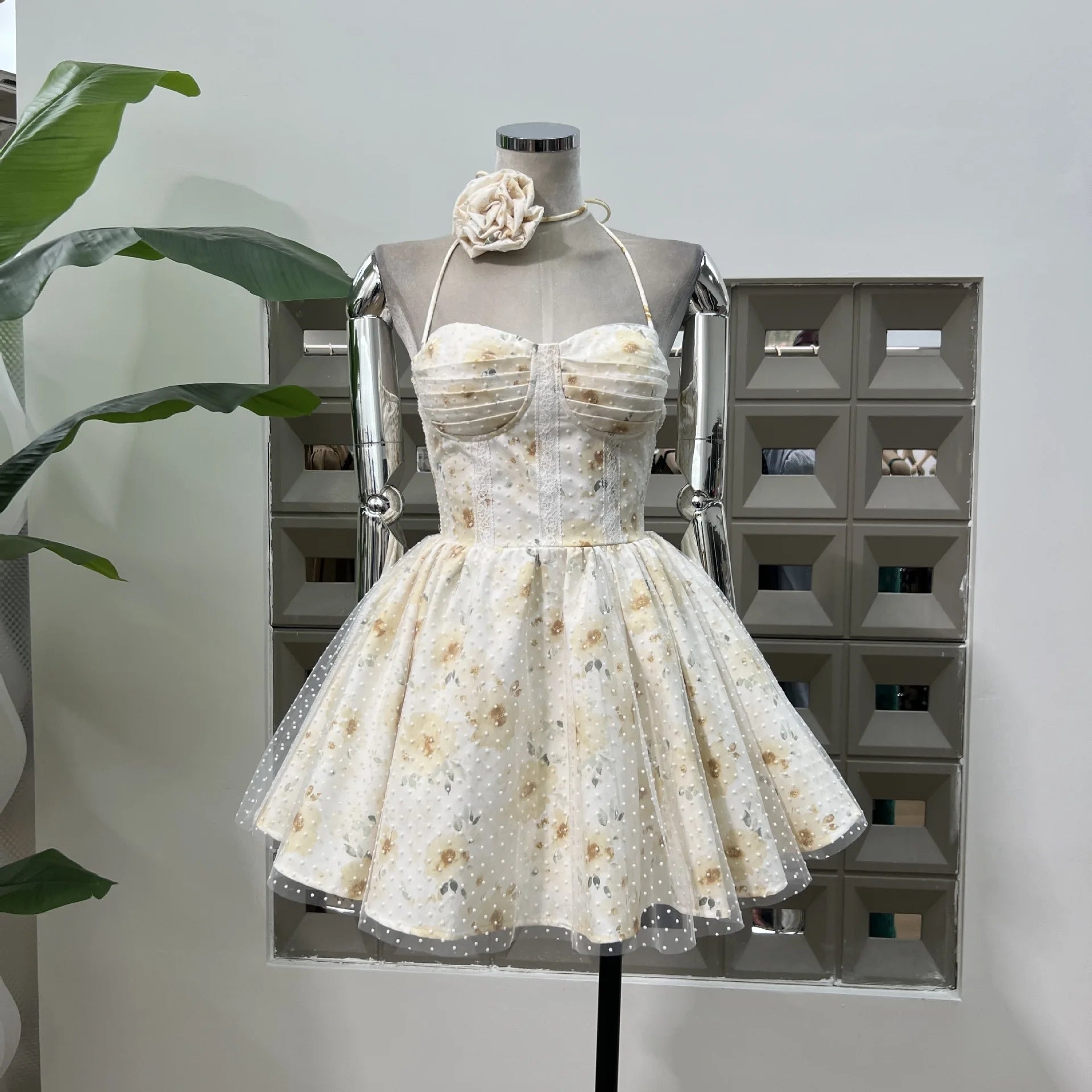 Lunivop  Fashion Women Dress Sleeveless Strapless Polka Dot Printing Lace Up Hanging Neck Flower Female Party Dress New Tide