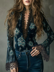 Lunivop  Autumn Women's Clothing Velvet Blouse With Lace Floral Print V Neck Long Sleeve Elegant Top For Woman Slim Fit Bell Cuff