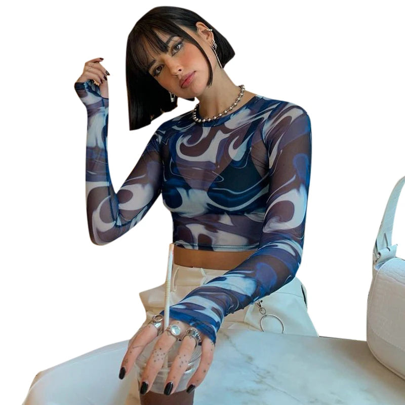 Lunivop Sexy Crop Top Y2K Vintage Harajuku Graphic Print Mesh Sheer T-shirt Long Flare Sleeve Slim Fit Women Clothes Aesthetic
