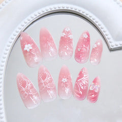 Lunivop  24pcs Press on Nails Acrylic with Tools 3D Butterfly Flowers Nail Tips Sweet Pink False Nails To Stick Almonds Nail Art Women