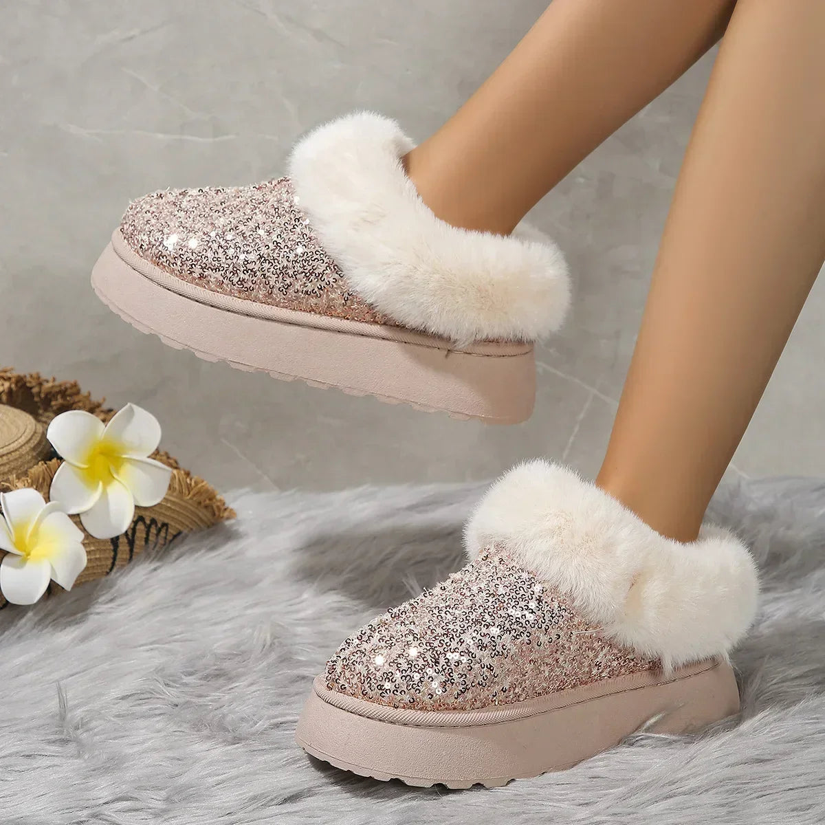 Lunivop New 2025 Winter Ankle Snow Boots Women Fashion Shiny Fur Short Plush Warm Flats Slippers Platform Shoes Indoor Cotton Flip-Flops