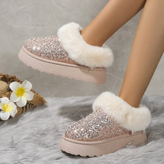 Lunivop New 2025 Winter Ankle Snow Boots Women Fashion Shiny Fur Short Plush Warm Flats Slippers Platform Shoes Indoor Cotton Flip-Flops