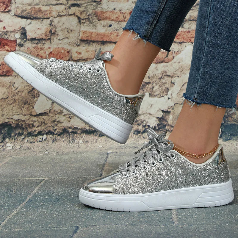 Lunivop New Women Platform Casual Sneakers Fashion Shiny Rhinestone Flat Shoes for Women Shining Crystal Sneaker Lacing Trend Shoes