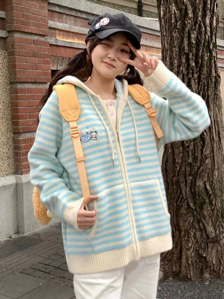 Lunivop Pink Striped Sweet Cardigan Women Cute Cartoon Long Sleeve Knitted Sweaters Vintage Kawaii Preppy Style Japan Pockets Tops Coats
