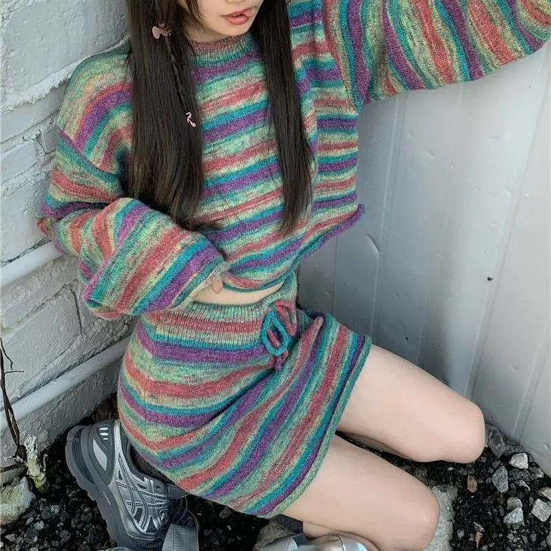 Lunivop Y2k Vintage 2 Piece Sets Women Korean Style Striped Knitted Skirt Sets Autumn Winter Street Sweater Sets Aesthetics