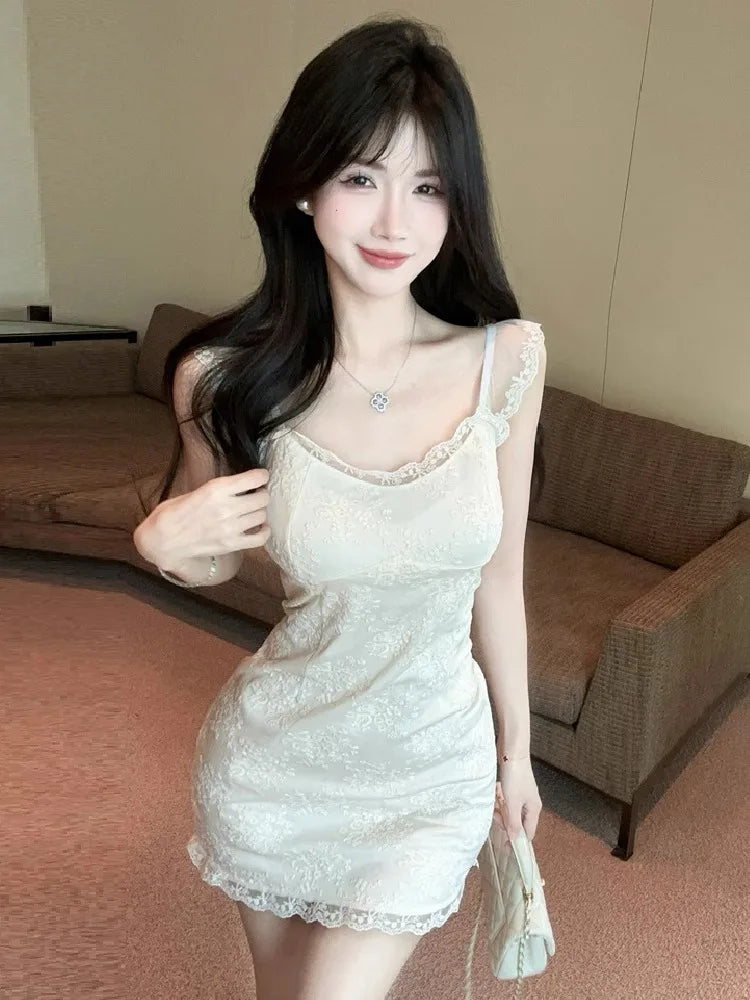 Lunivop  Women Dress Sleeveless Lace Patchwork Slash Neck Slim Elegant French Style Chic Party Mini Dresses Female Fashion