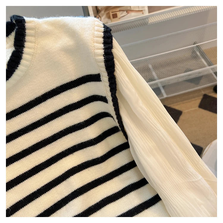 Lunivop Fake Two Piece Sweater Women Contrast Striped Puffed Sleeve Knitted Pullover Jumper Blouse Korean Fashion Top Fall Winter Outfit