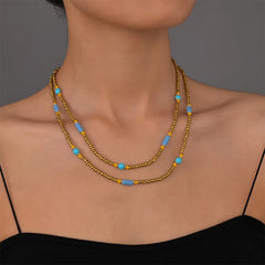 Lunivop New Trendy Boho Golden Blue Bead Doubl Layered Necklace for Women Niche Design Personality Beach Party Jewelry Gifts