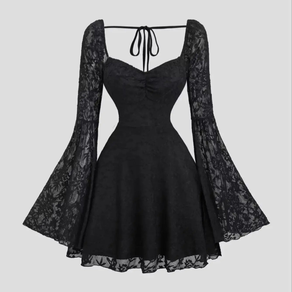Lunivop  Black lace square necked tie up flared sleeved slim fit short dress,Black lace square necked tie up flared sleeved dress