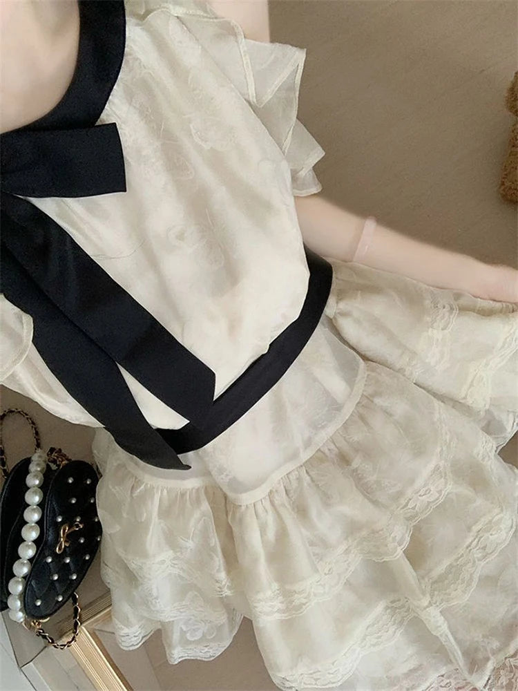 Lunivop Off Shoulder Bow Sweet Dress Women Vintage O Neck Casual Elegant Mini Dress Lace Patchwork Retro Slim Lady Summer Vestidos