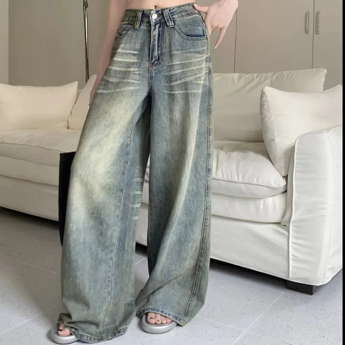 Lunivop Vintage Wide-Leg Jeans Women's Loose-Fit High-Waisted Slimming Casual Straight-Leg Long Pants Trendy On The Ground