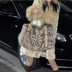 Lunivop Y2k Womens Shoulder Bag Autumn and Winter Fashion Crucifixion Vintage Tote Bag Harajuku Rhinestone Large Capacity Handbag