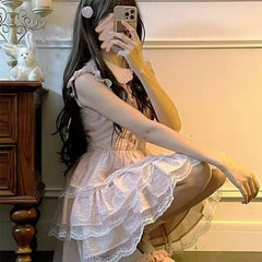 Lunivop  Summer New Vestidos De Mujer Sweet Peter Pan Collar Flying Sleeve Dresses Y2k Lace Patchwork Cake Dress for Women