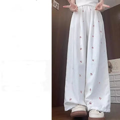 Lunivop  Korean Commute Summer Thin Pants Women's Bow Printed Pockets Elastic High-waisted Loose Straight Casual Wide Leg Trousers