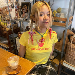 Lunivop Harajuku Women T-Shirt Korean Fashion Strawberry Print Grunge Vintage Yellow Short Sleeve T-shirt Female Slim Short Top Baby Tee