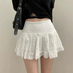 Lunivop Y2K Low Rise Mini Skirt Tiered Ruffled Lace Trim White Short Skirt Summer Women Teen-Girl Feminine Barbiecore Outfit