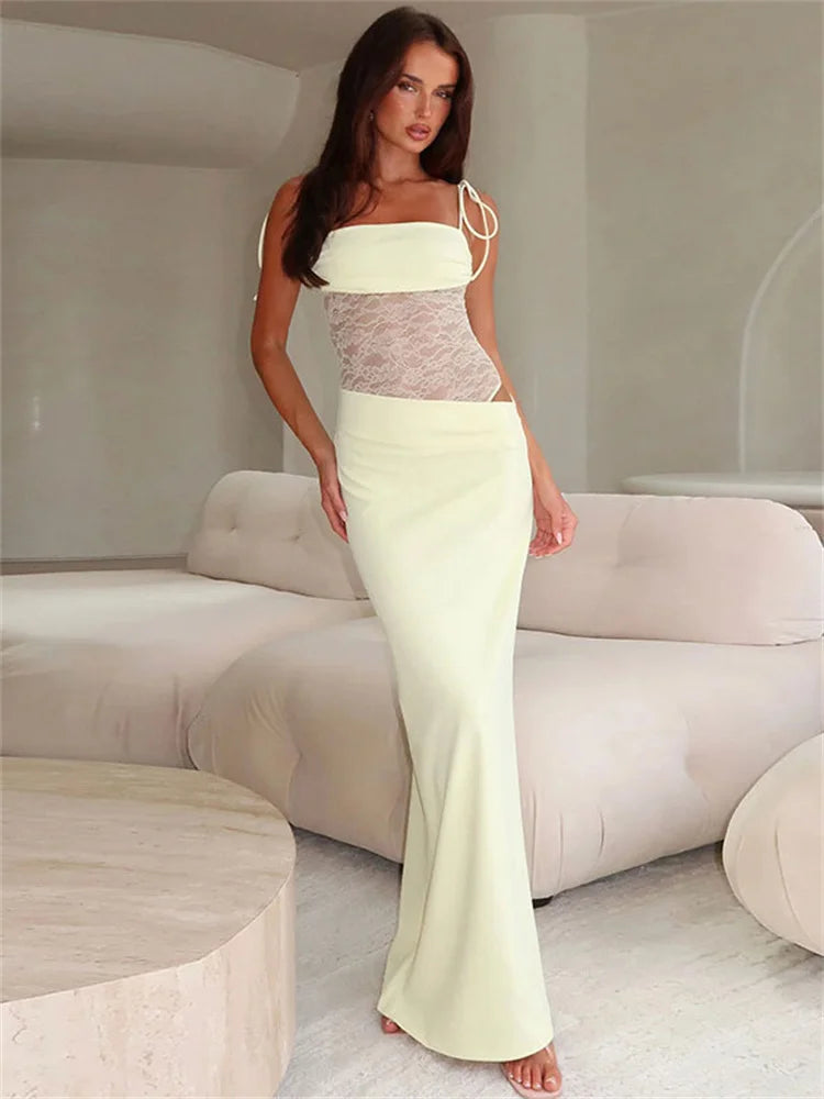 Lunivop  Lace See-Through Patchwork Long Dress Female Spaghetti Backless High Waist Fashion Hollow Out Dress Spring Bandage Dress