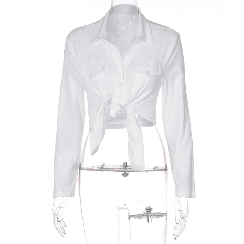 Lunivop White Long Sleeve Lapel Pocket Loose T Shirt Casual Vacation Streetwear Daily Women Clothes Korean Fashion Outfit Tops