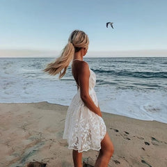Lunivop  Women Elegant Embroidery V Neck White Dress Summer Beach Slim Lace Dress Backless Casual A-line Sleeveless Sexy Dress