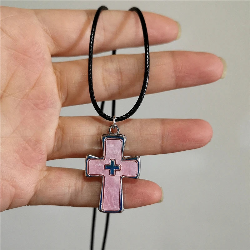 Lunivop Red Pink Large Cross Pendant Leather Choker Necklace Goth Punk Jewelry Charm Statement Women Men Y2k Accessories Halloween Gift