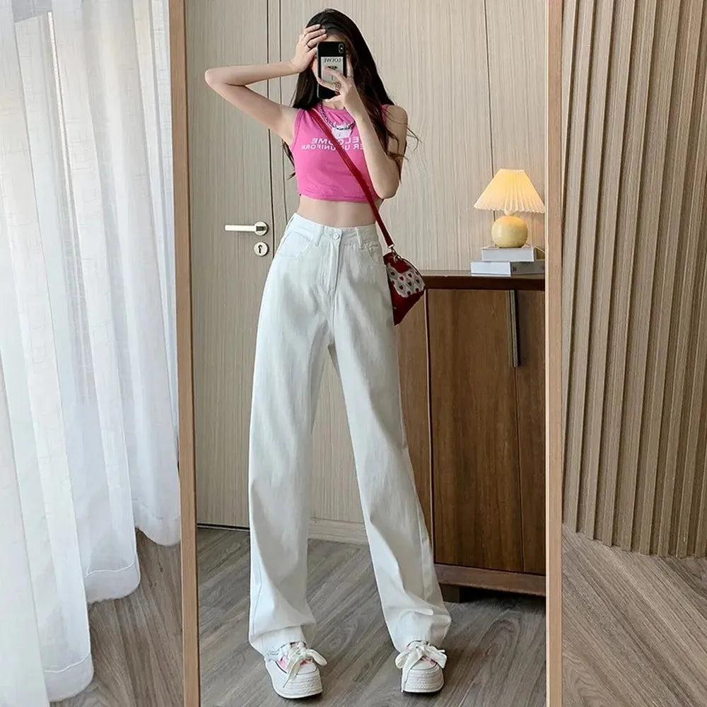 Lunivop Fashion Artistic Lightweight Women Trendy Wide-legged Pants Simple Style Solid High-Waist Design Suitable Casual White Trousers