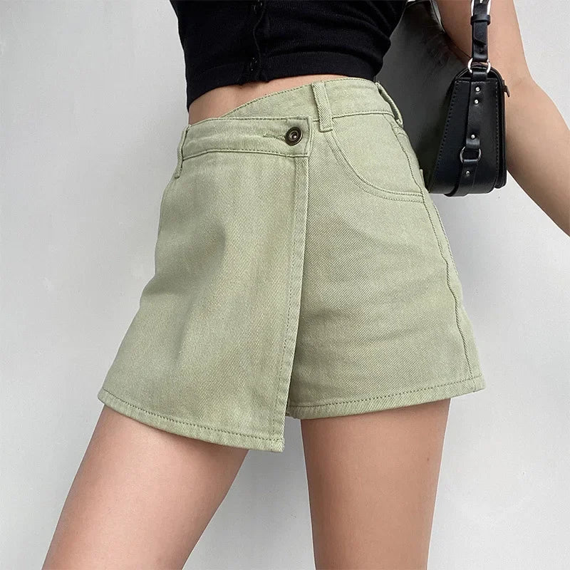 Lunivop Elegant Slimming High-waisted A- line Denim Shorts Women's Summer New 2023 Light Color Two-piece Illusion Design Slim Fit