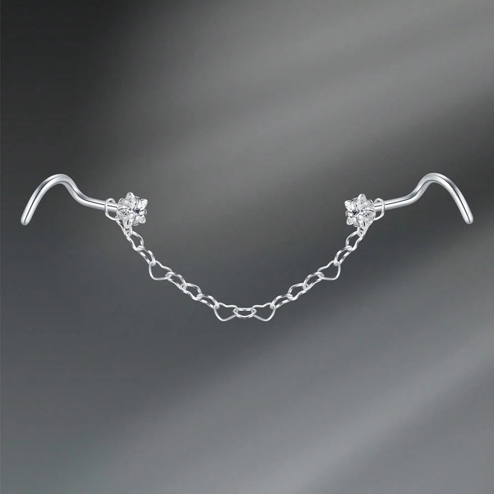 Lunivop  1pc Fashionable Stainless Steel Nose Stud With Chain, 20G Spiral Nose Stud, 4.2cm Heart-Shaped Chain, Nose Jewelry Accessory