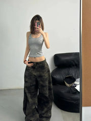 Lunivop  American Retro Camouflage High Waist Baggy Casual Jeans Women Y2K Loose Straight Tube Pants Long Trousers Wide Leg Denim Trouser