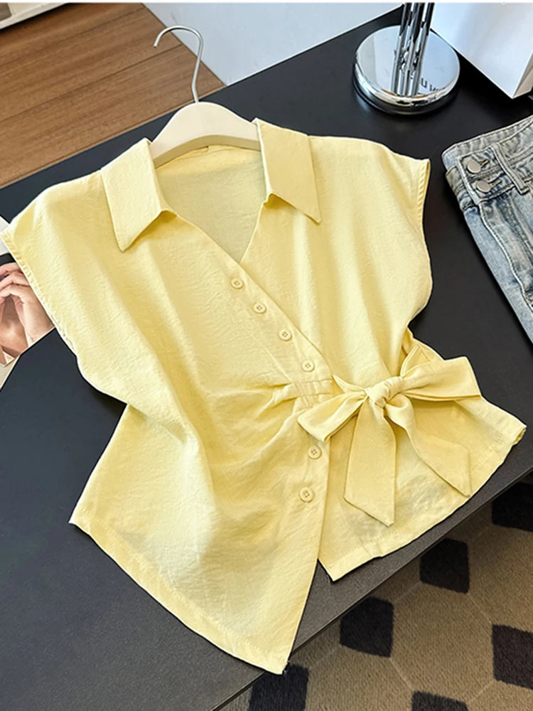 Lunivop  Cute Bow Women White Shirt Casual Elegant Vintage V Neck Sweet Blouse Korean Retro Summer Design Single Breasted Lady Tops